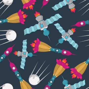 Space transport seamless pattern. Spaceship rocket and satellite. Vetkor back 스톡 일러스트