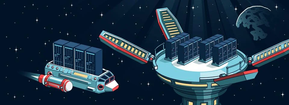 Space transport system delivering data servers to futuristic space station in Stock-Illustration