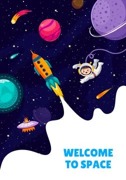 Space travel poster. Rocket launch, kid astronaut Stock Illustration