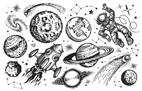 Space trip concept. Galaxy drawing set. Spaceship, astronaut, planets and stars Stock Illustration