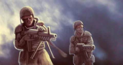 Space troopers attack the enemy in a fog Stock Illustration
