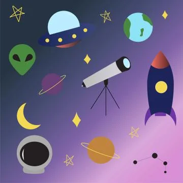 Space UFO elements set rocket, alien, planets, earth, telescope, UFO, constel Stock Illustration