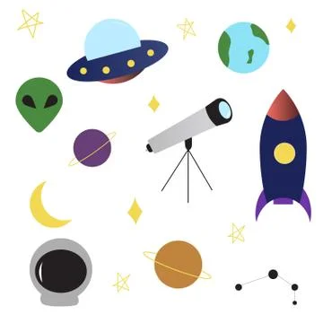 Space UFO objects set rocket, alien, planets, earth, telescope, constellation Illustrazione stock
