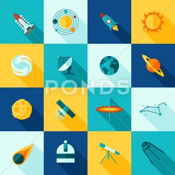 Space Universe Long Shadows Icon Set Stock Illustrationen