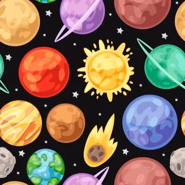 Space universe planets seamless vector pattern on dark background. Space, stars イラスト素材
