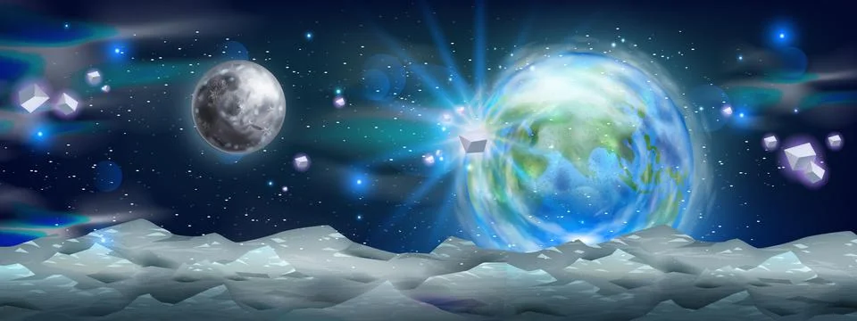 Space vector background, Earth planet view, cosmic stone, moon satellite star Ilustração Stock