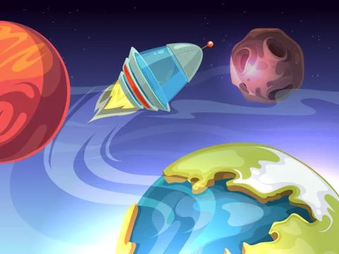 Space vector cartoon comic background with spaceship and planets イラスト素材