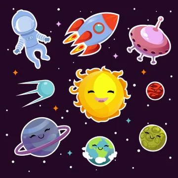 Space vector fashion patch badges with planets, stars and alien spaceships イラスト素材