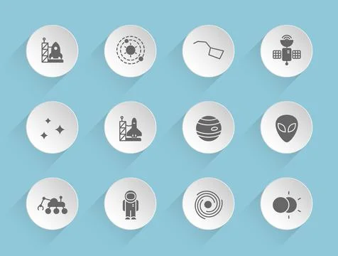 Space vector icons on round puffy paper circles Stock Illustration