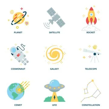 Space vector icons set, flat style Stock Illustration