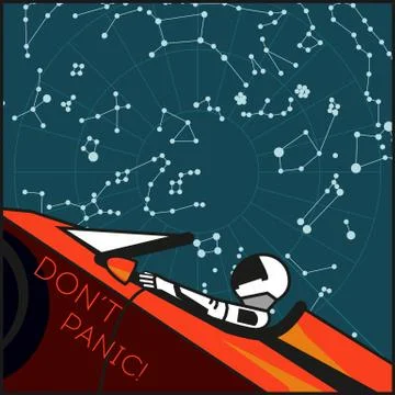 Space vector poster. Starman in space suit red electric car in open space. Ha Stock Illustration