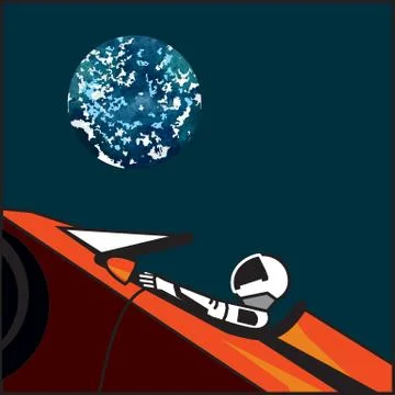 Space vector poster. Starman in space suit red electric car in open space. Ha Stock Illustration