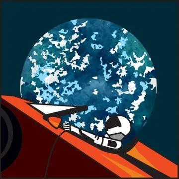 Space vector poster. Starman in space suit red electric car in open space. Ha Stock Illustration