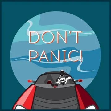 Space vector poster. Starman in space suit red electric car in open space. Ha Stock Illustration