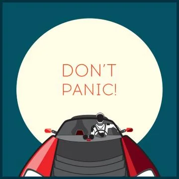 Space vector poster. Starman in space suit red electric car in open space. Ha Stock Illustration