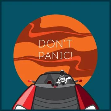 Space vector poster. Starman in space suit red electric car in open space. Ha Stock Illustration