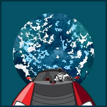 Space vector poster. Starman in space suit red electric car in open space. Ha Stock Illustration