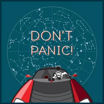 Space vector poster. Starman in space suit red electric car in open space. Ha Illustrazione stock