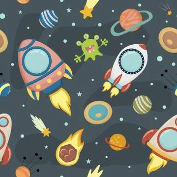 Space - vector seamless background, in a childish style flat Stock Illustration