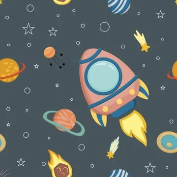 Space - vector seamless background, in a childish style flat Stock Illustration