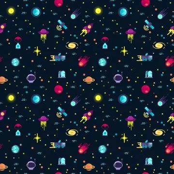 Space vector seamless pattern with planets and spaceships イラスト素材