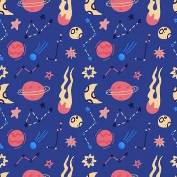 Space vector seamless pattern of planets, orbits, flying saucer, stars. Carto Stock Illustration