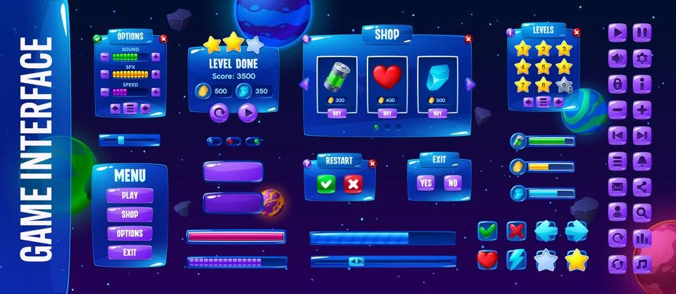 Space video game ui interface with galaxy menu Stock Illustration
