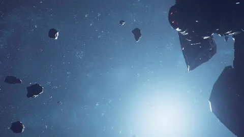Space view with asteroids and a spacecraft in the distance Stock Footage 344950371