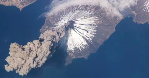 Space View of Eruption of Cleveland Volcano Aleutian Islands Alaska Stock Footage