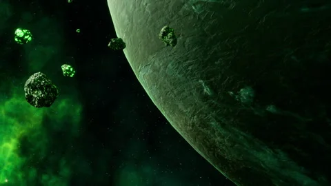 Space view of a green planet with asteroids in the background during night Stock Footage 344885373