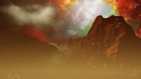 Space. A view from the ground into space. Mountains in the fog Stock Footage 231879644