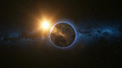 Space view on Planet Earth and Sun in Universe 库存照片