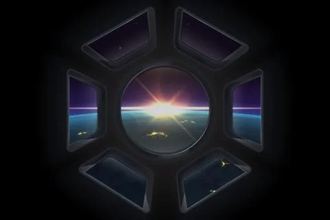 Space view. Realistic space station window with view to planet Earth with night Illustrazione stock