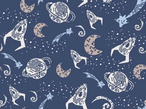 Space wallpaper for boys endless pattern hand art. イラスト素材