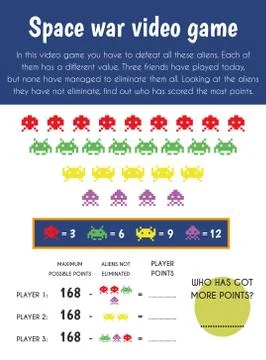 Space war videogame Educational Sheet. Primary module for Numerical Ability.  Illustrazione stock