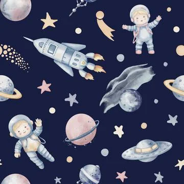 Space watercolor seamless Pattern. Background with cosmos, planets, cosmonauts Stock Illustration