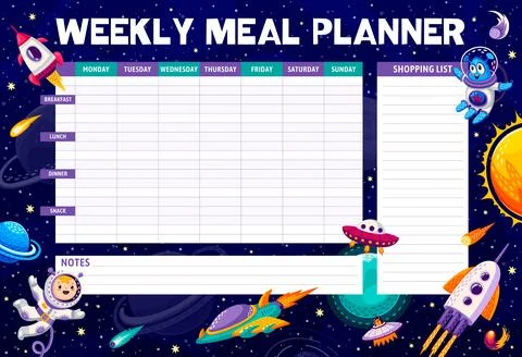 Space weekly meal planner with galaxy characters Stock Illustration