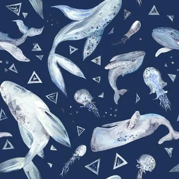 Space Whale Watercolor Pattern on blue background Stock Illustration