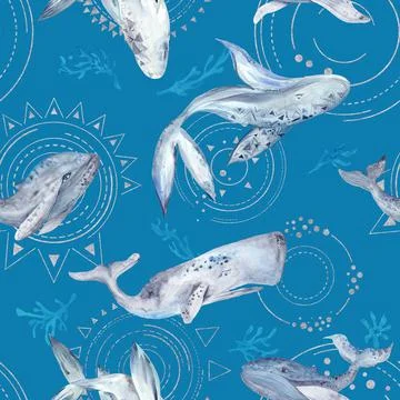 Space Whale Watercolor Pattern on blue background Stock Illustration