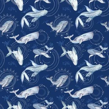 Space Whale Watercolor Pattern on blue background Stock Illustration