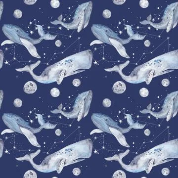 Space Whale Watercolor Pattern Stock Illustration