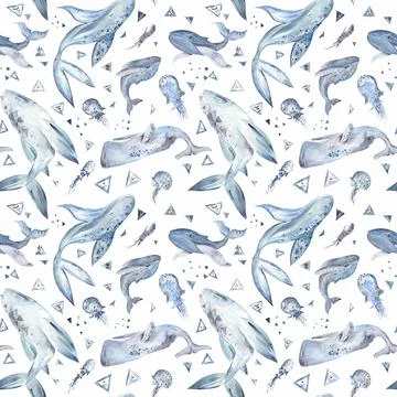 Space Whale Watercolor Pattern on white background Illustrazione stock