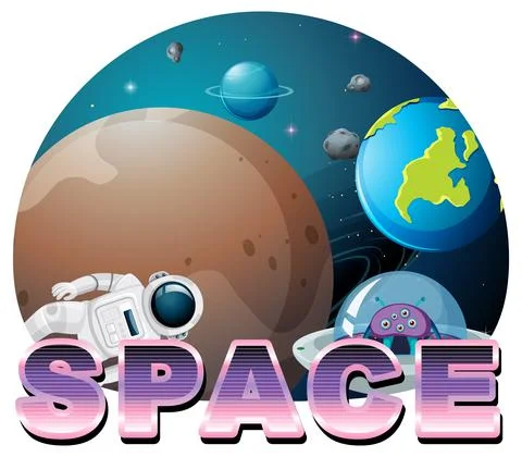 Space word logo design with Spaceship Stock Illustration