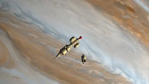 Space wreck of robotic asteroid prospector in Jupiter space 1A Stock Footage 178148126