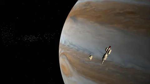 Space wreck of robotic asteroid prospector in Jupiter space 3A Stock Footage 178149795