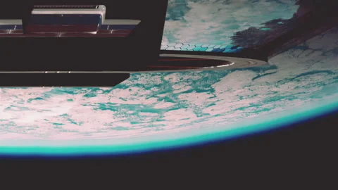 Spacecraft above Earth with rings in the background and bright colors Stock Footage 343514254