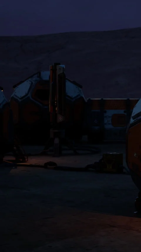 Spacecraft on an alien planet during twilight hours with equipment nearby Stock Footage 339783068