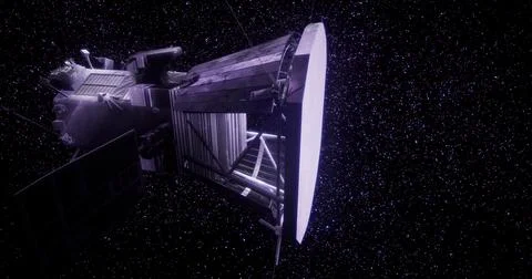 A spacecraft is captured in interstellar space surrounded by a field of stars 库存插图