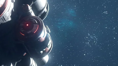 Spacecraft close up shows detail of engine and technology in orbit Stock Footage 344062440