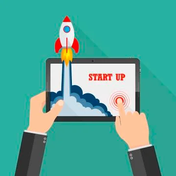 The spacecraft crashes outside tablet screen. Vector illustration. Concept .. Stock Illustration